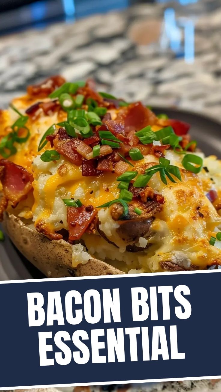 A loaded baked potato topped with cheese, bacon, and chives