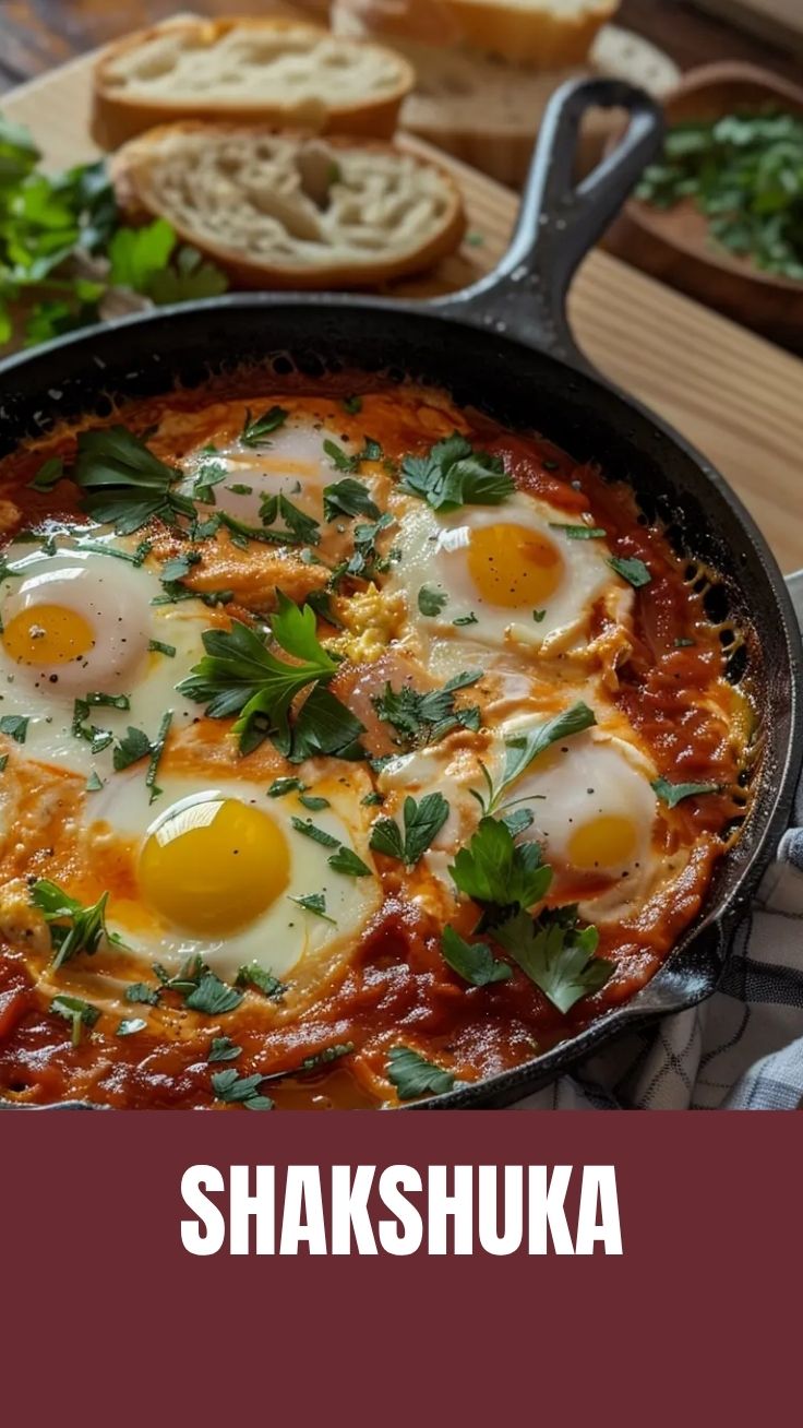 A vibrant shakshuka dish with poached eggs, tomatoes, and spices in a pan