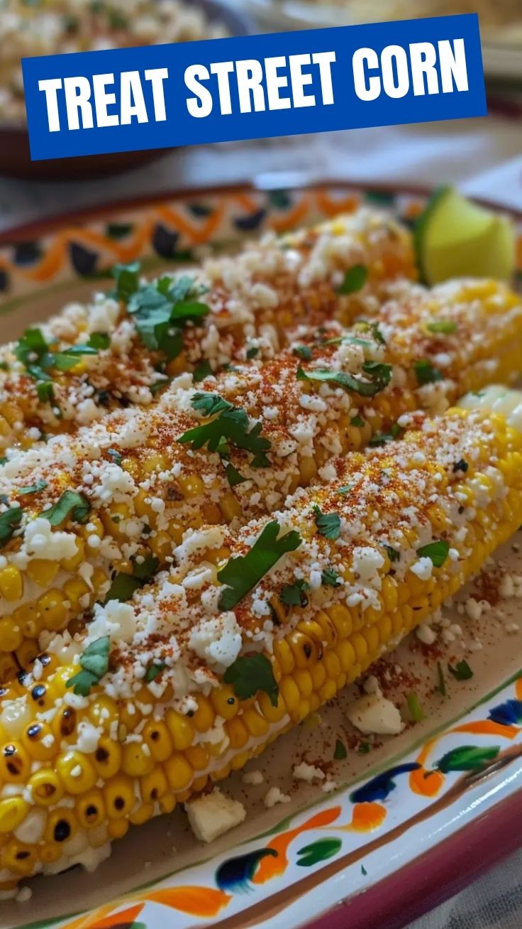 Close-up of a grilled street corn cob generously topped with cojita cheese, mayonnaise, and chili powder