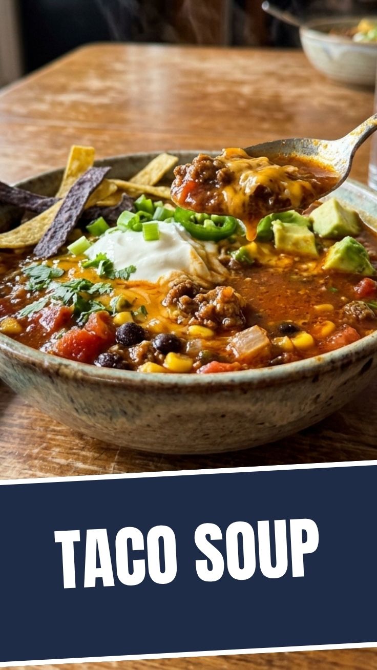 A steaming bowl of savory taco soup, garnished with fresh cilantro and sour cream.