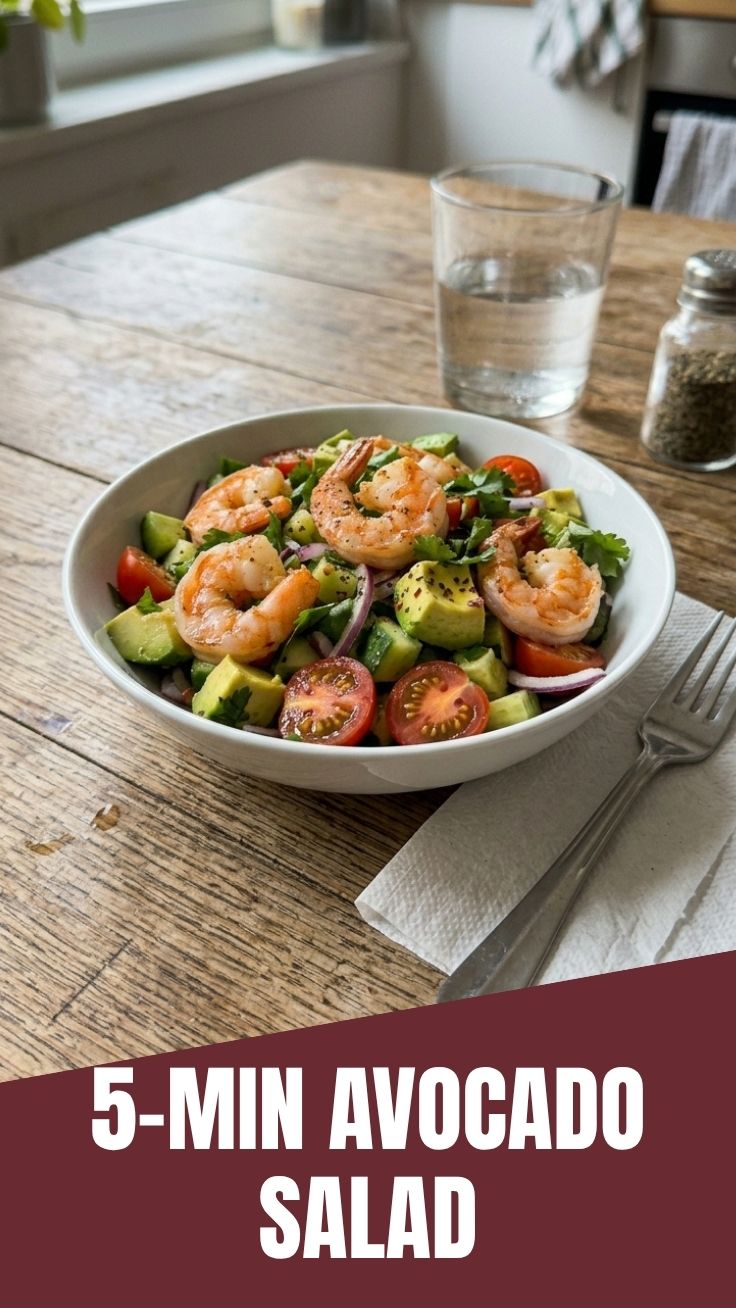 Fresh shrimp avocado salad in a white bowl
