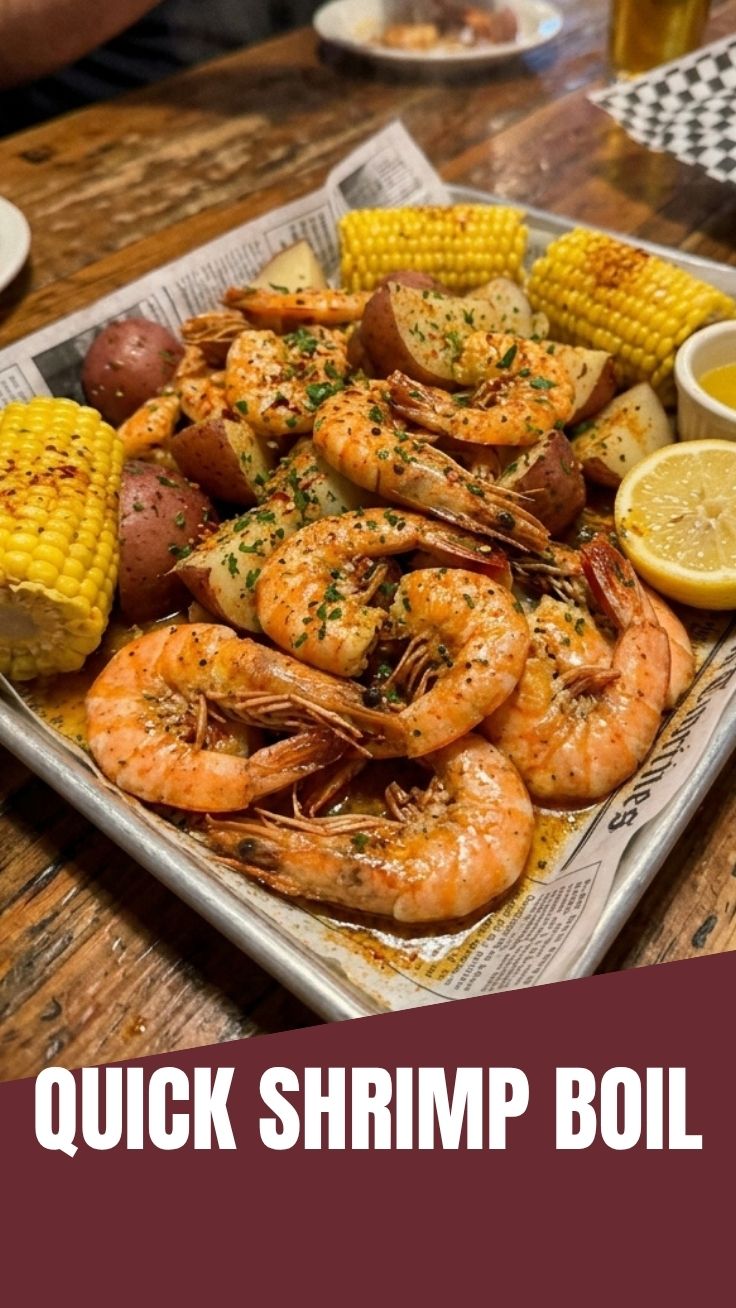A vibrant shrimp boil platter, brimming with perfectly cooked shrimp, corn, and potatoes.