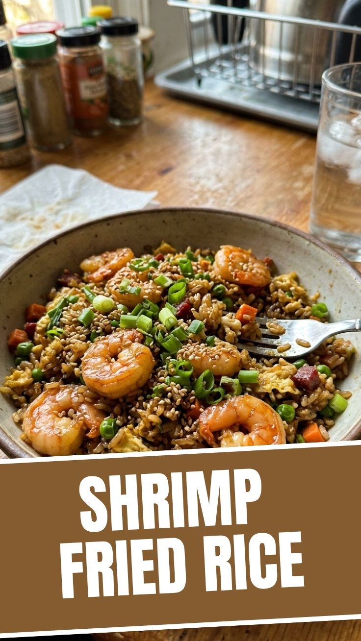 A vibrant bowl of shrimp fried rice with mixed vegetables and succulent shrimp.