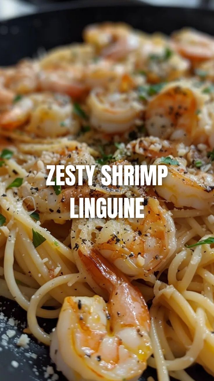 A close-up shot of a steaming bowl of Shrimp Scampi Pasta, ready to be served.