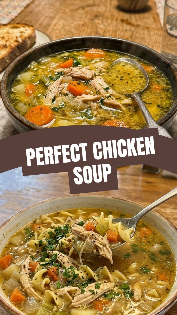 Slow Cooker Chicken Soup in a bowl with fresh herbs