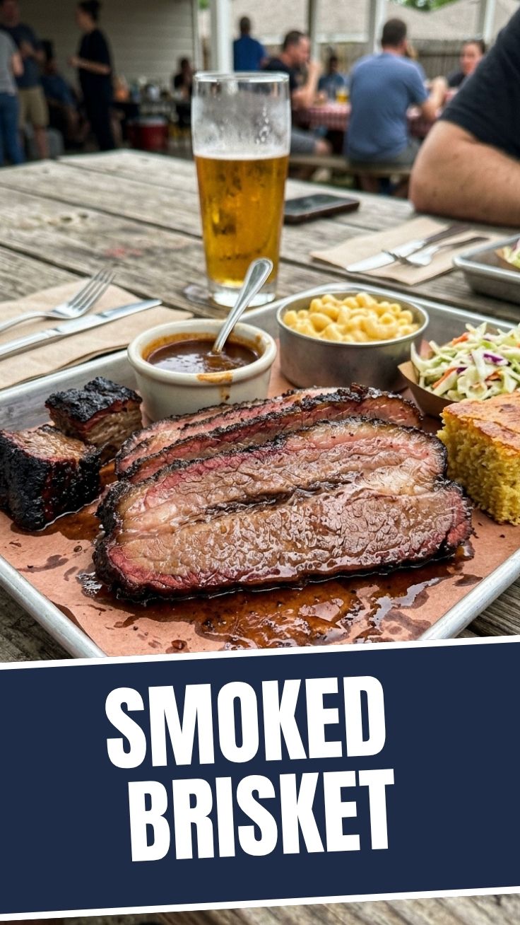 Perfectly smoked brisket with mahogany bark and smoke ring