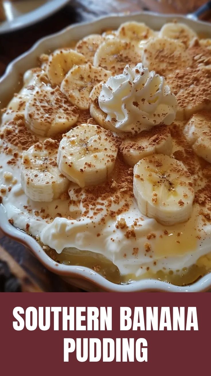 A creamy dish of traditional Southern banana pudding topped with meringue.