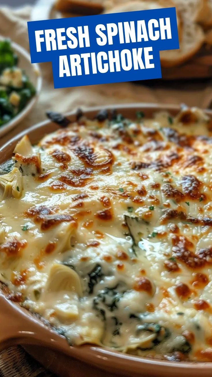 A hot and bubbly spinach artichoke dip, freshly baked and ready to serve.