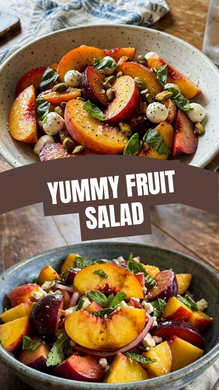 A colorful stone fruit salad featuring peaches and plums in a bowl.