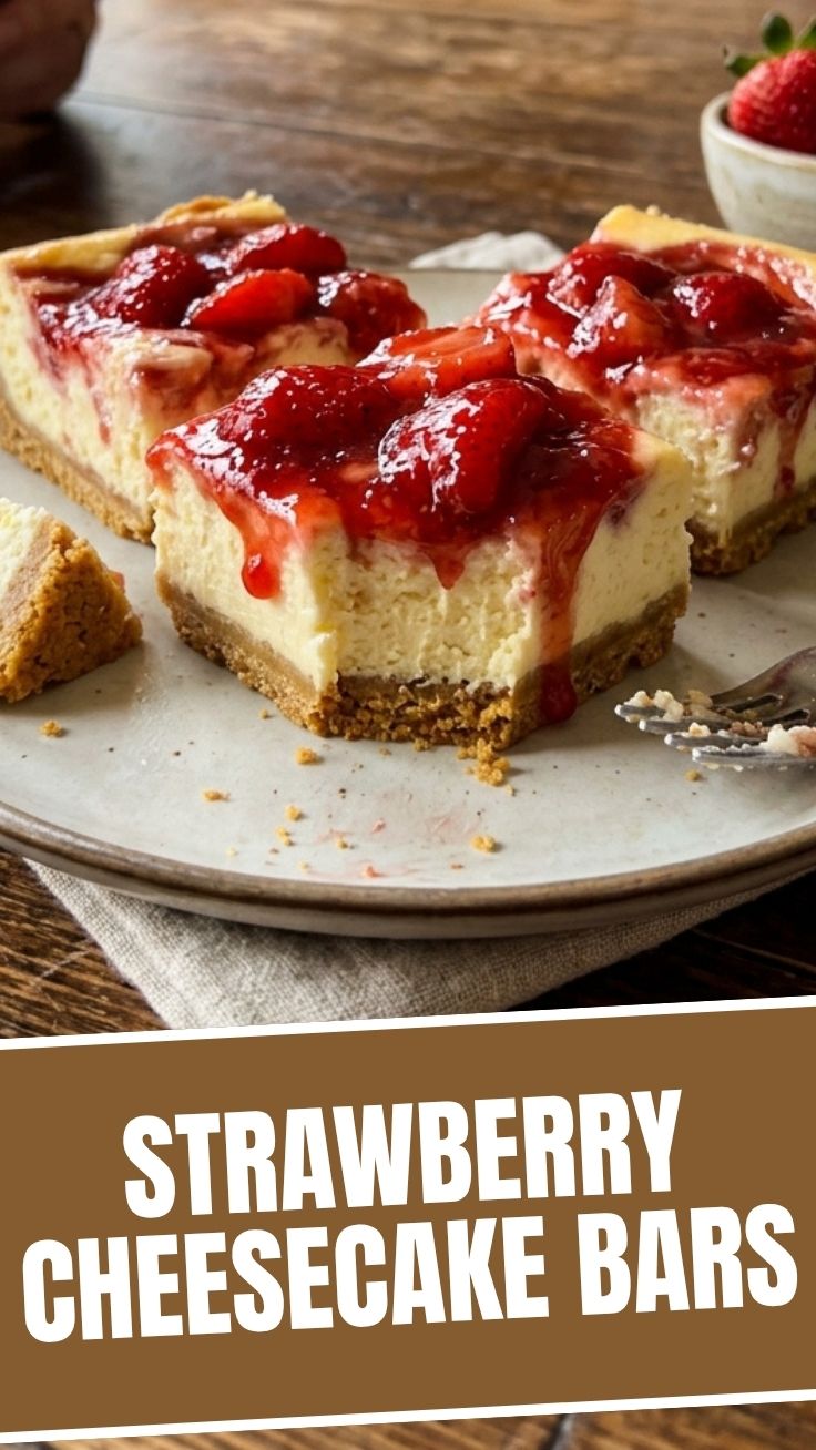 A close-up shot of decadent strawberry cheesecake bars with a crumbly crust.
