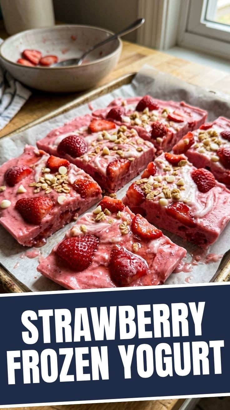 Close-up of strawberry frozen yogurt bark showing creamy yogurt base studded with fresh berry pieces