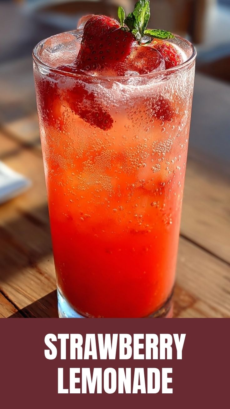 A refreshing glass of strawberry lemonade with ice and real fruit slices