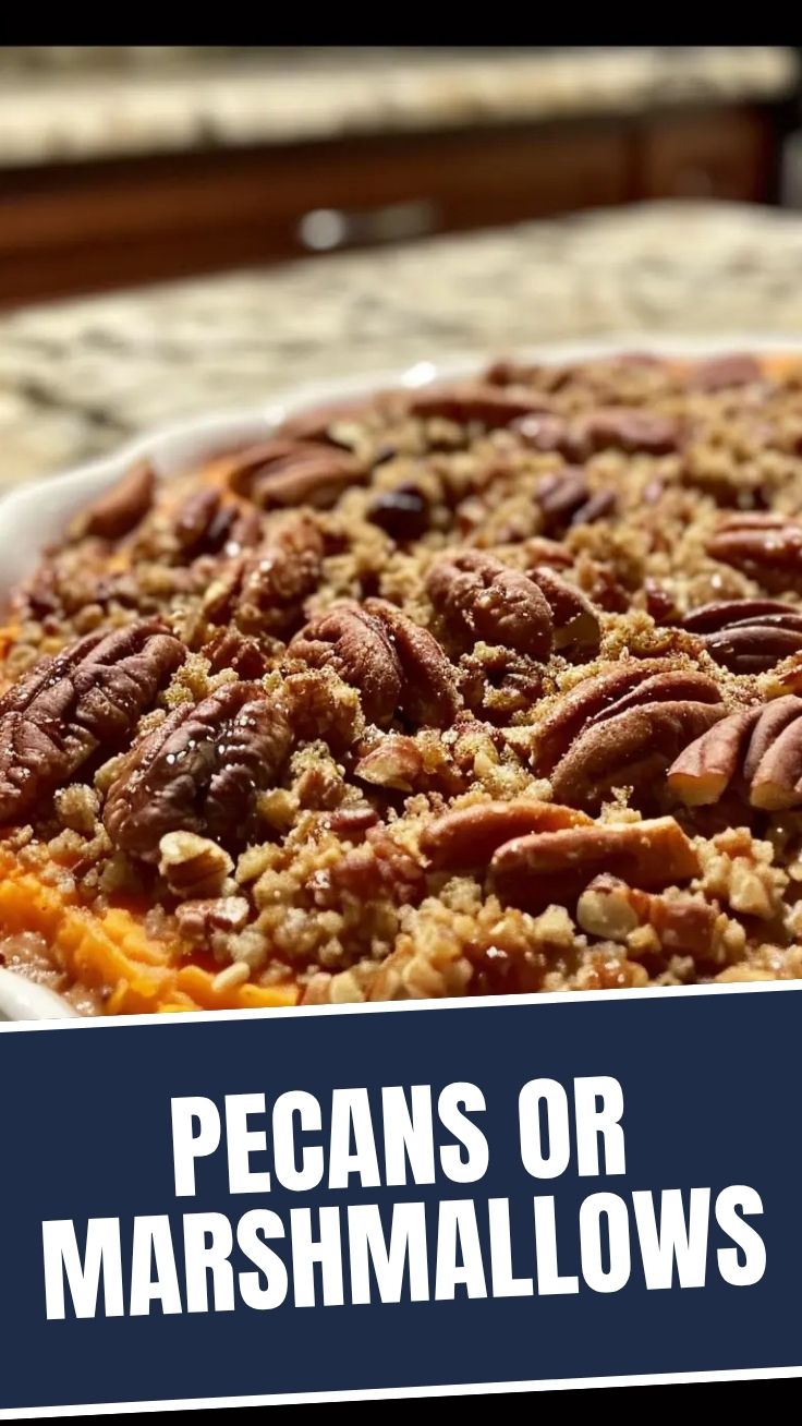 A cozy sweet potato casserole with a golden, toasted marshmallow topping, ready to be served.
