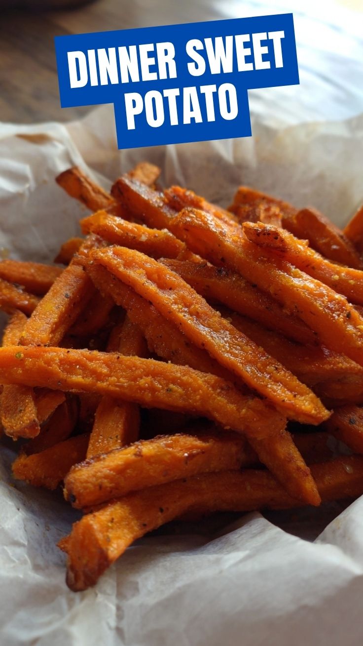 Crispy sweet potato fries on a baking sheet