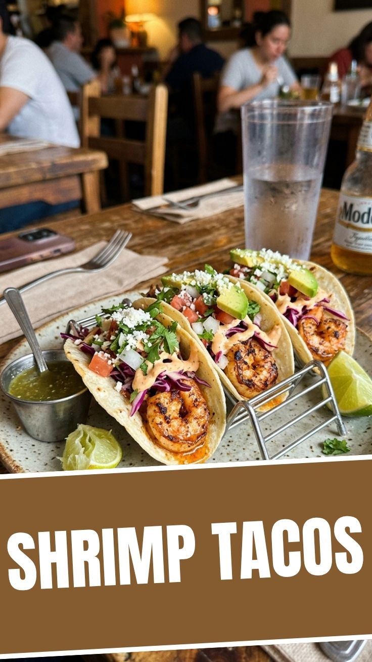 Delicious shrimp tacos with fresh toppings on a white plate.