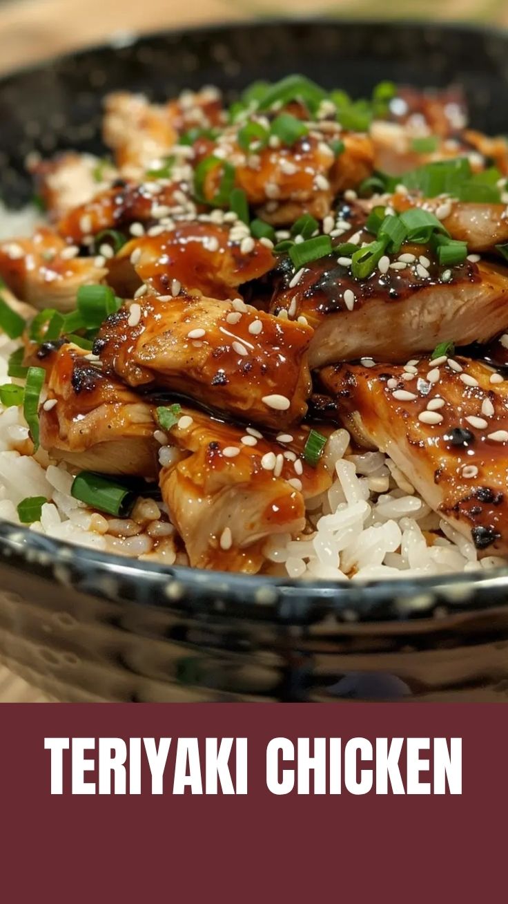 A close-up of delicious teriyaki chicken glazed with a savory sauce and garnished.