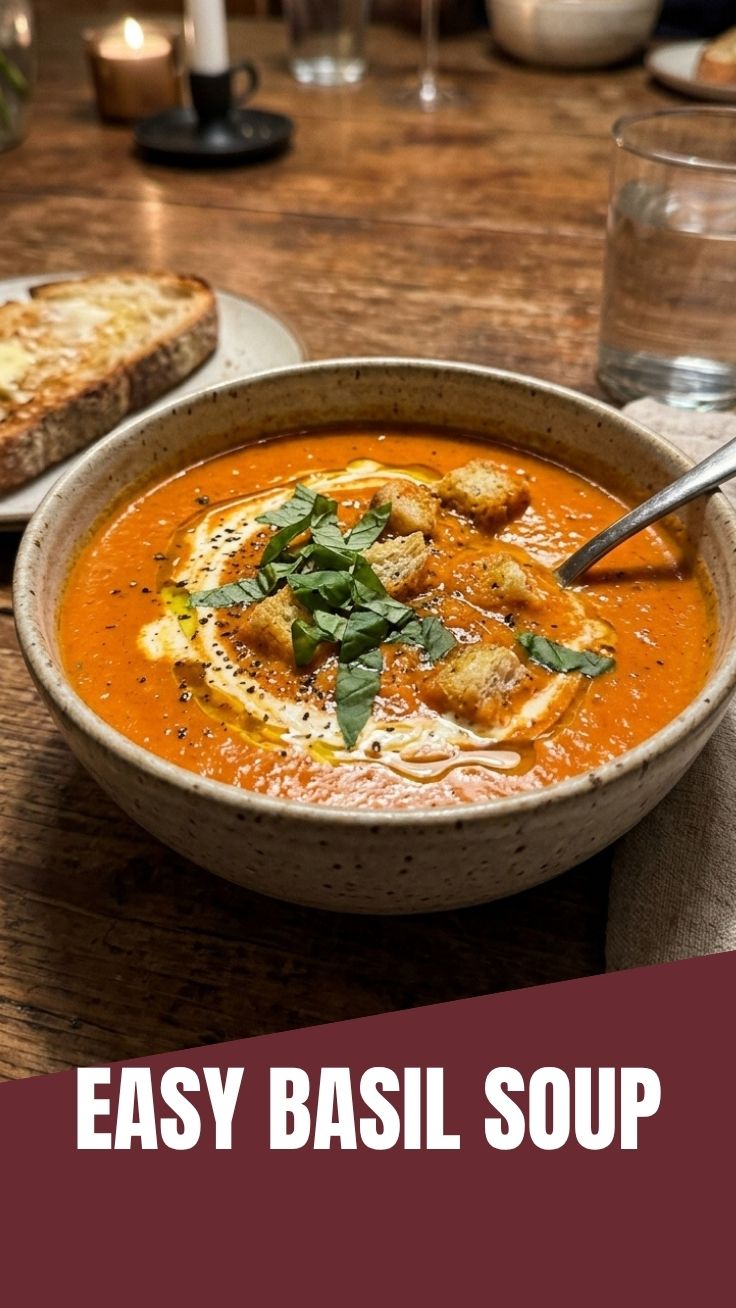 A steaming bowl of red tomato basil soup with fresh basil leaves on top