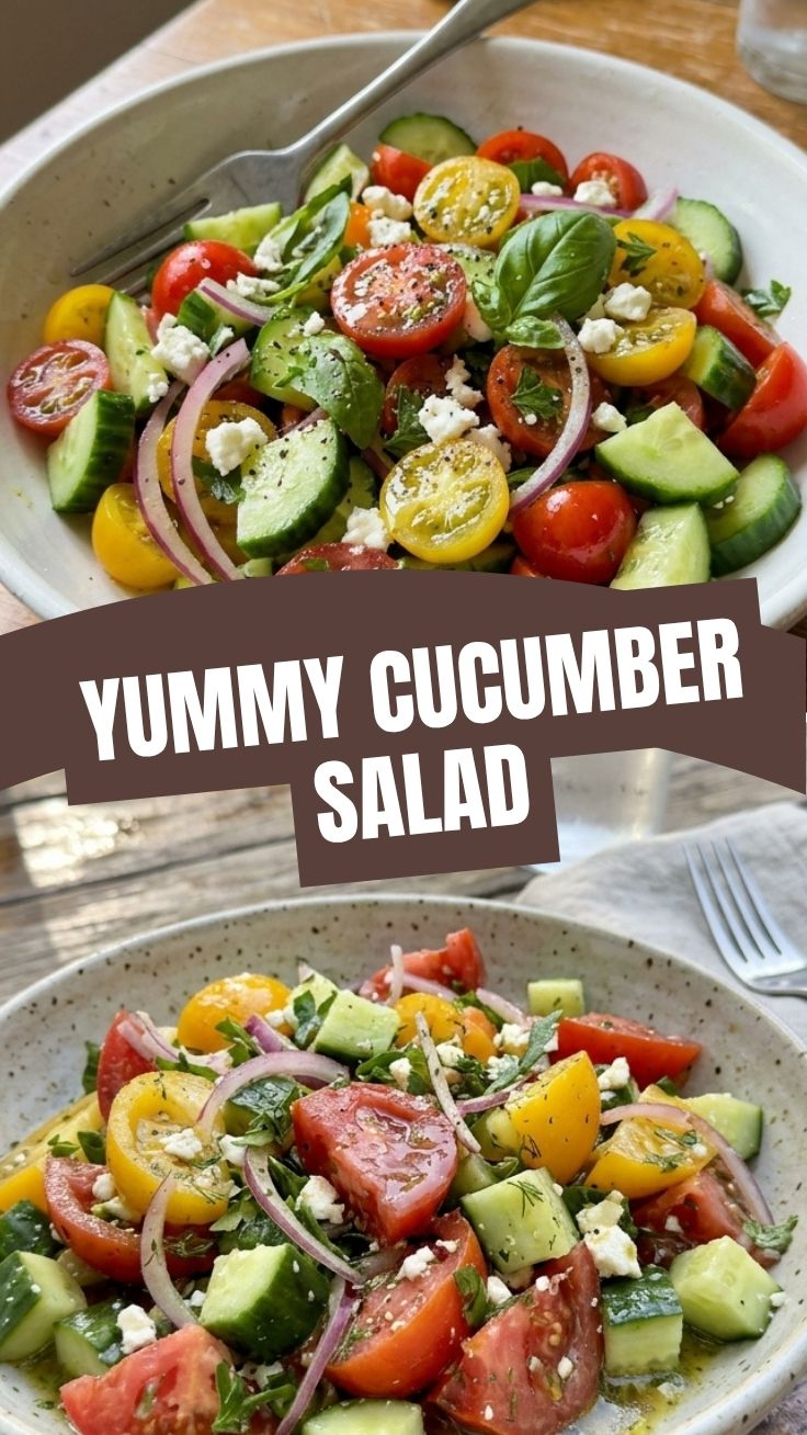 Fresh tomato cucumber salad in a wooden bowl with basil garnish