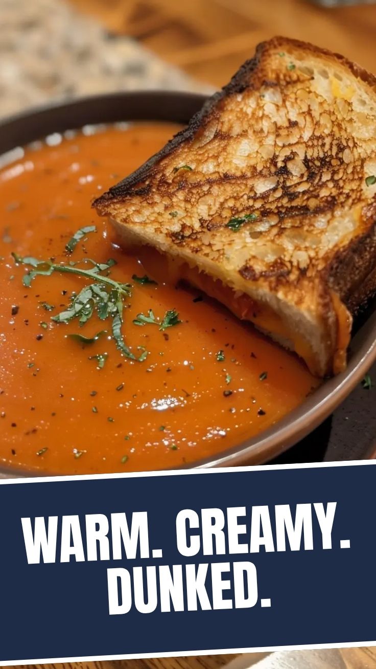 A hot bowl of tomato soup paired with a crispy grilled cheese sandwich.