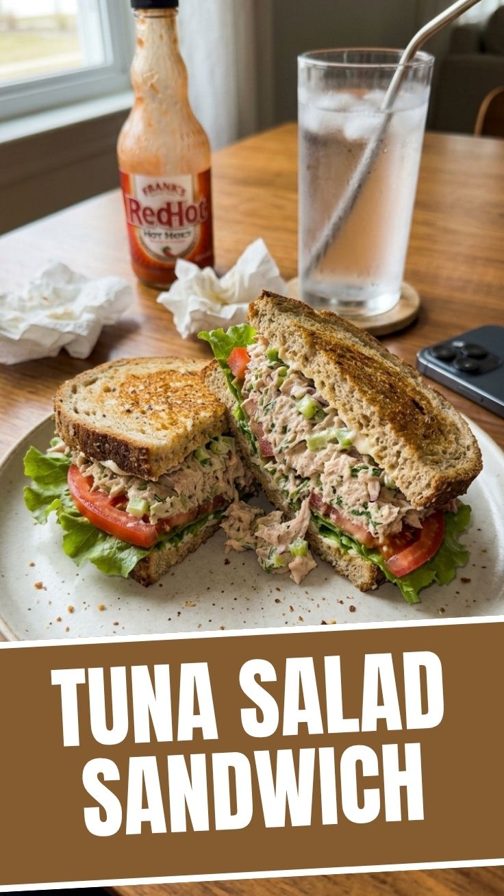 A delicious tuna salad sandwich on whole wheat bread, cut in half