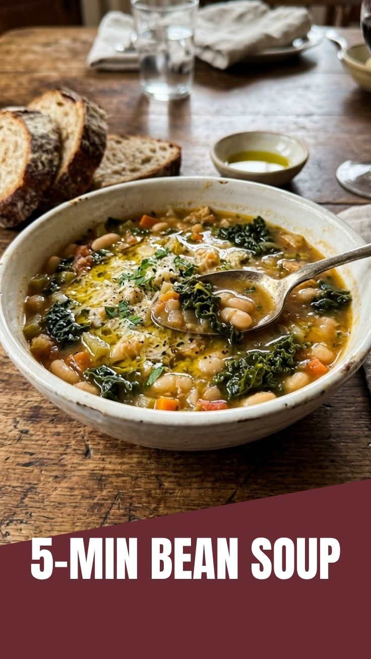 A rustic bowl of Tuscan white bean soup with fresh herbs