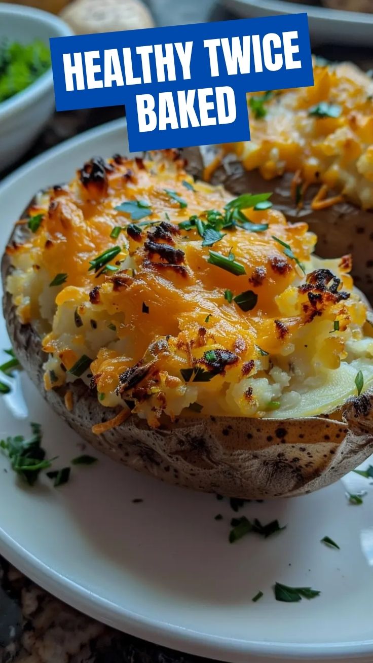 A golden brown twice baked potato garnished with chives.