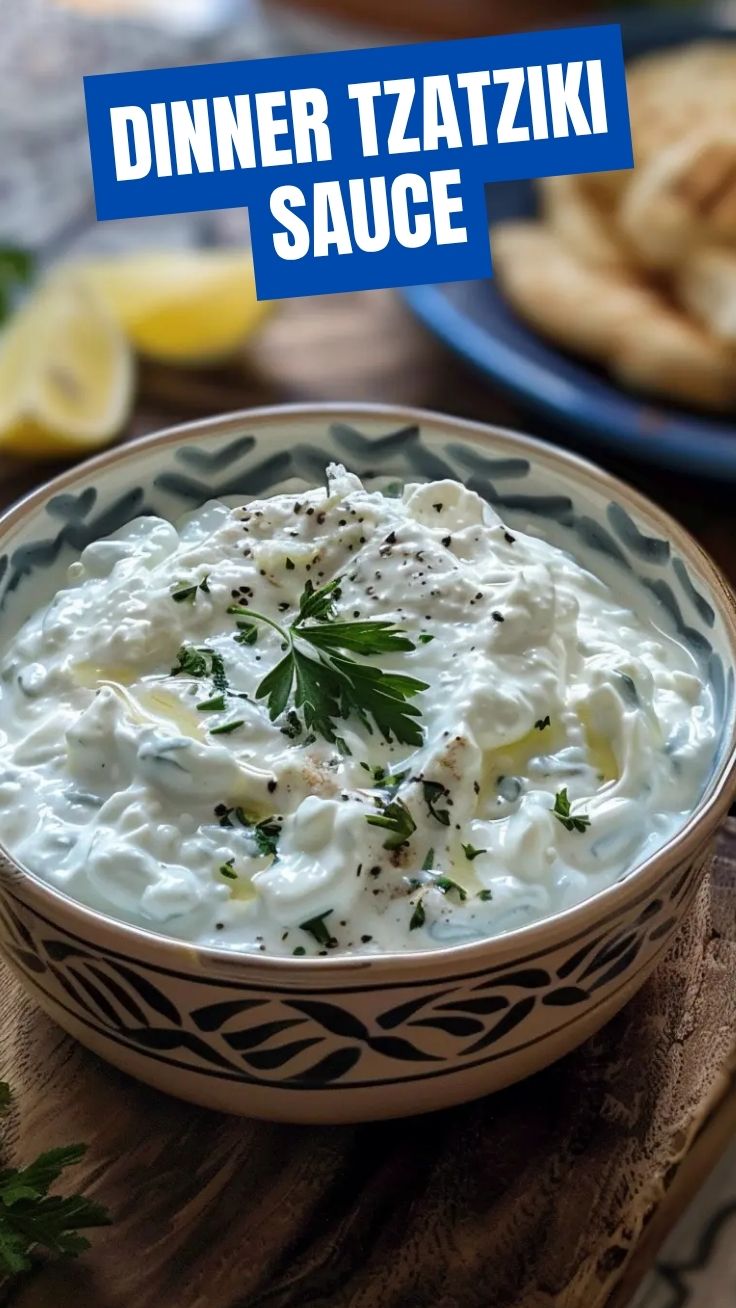 A bowl of fresh Tzatziki sauce garnished with dill.