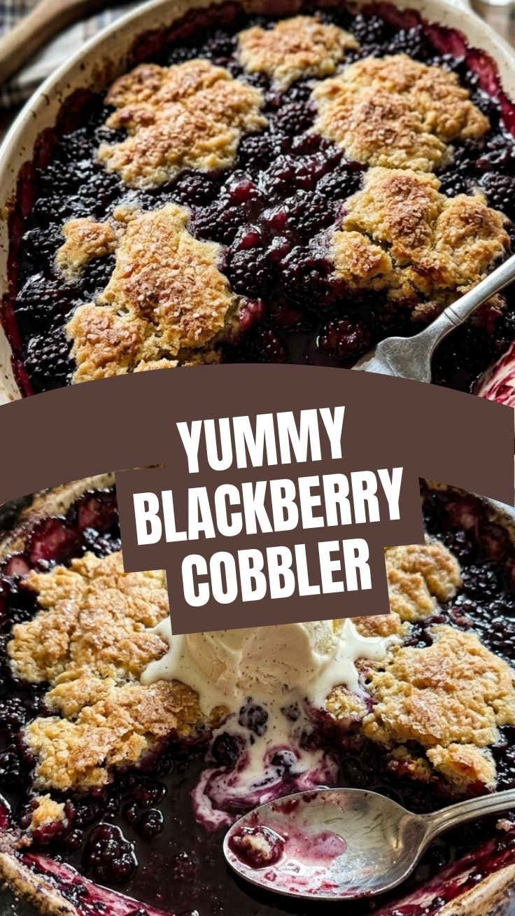 A warm, bubbling blackberry cobbler in a rustic baking dish.