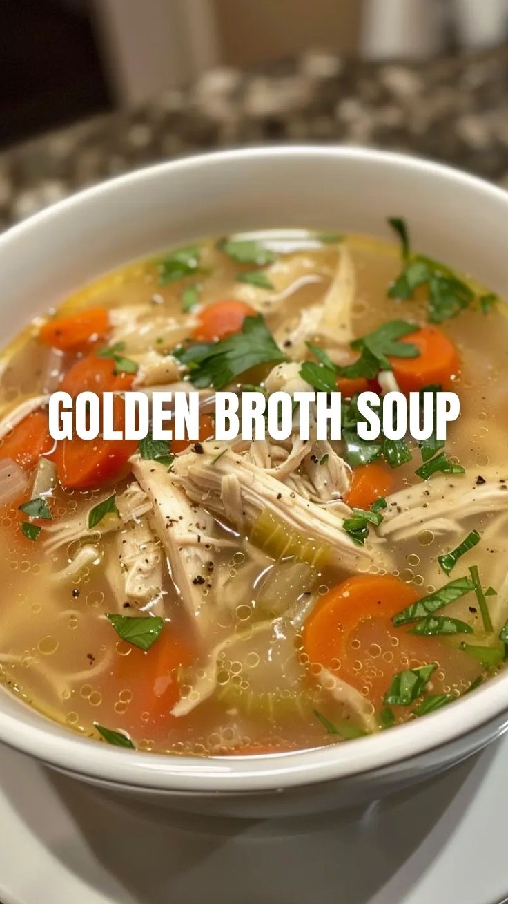 A steaming bowl of chicken soup with vegetables.
