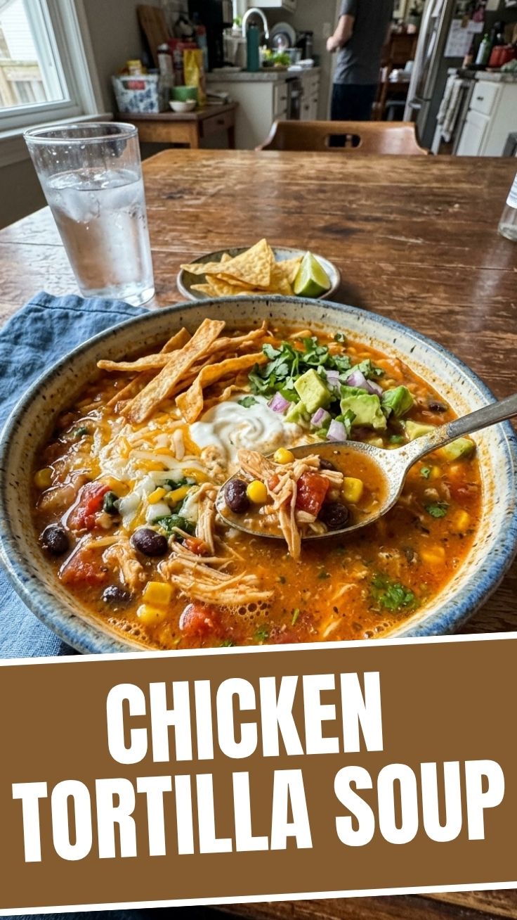 A steaming bowl of chicken tortilla soup garnished with fresh avocado and cilantro.