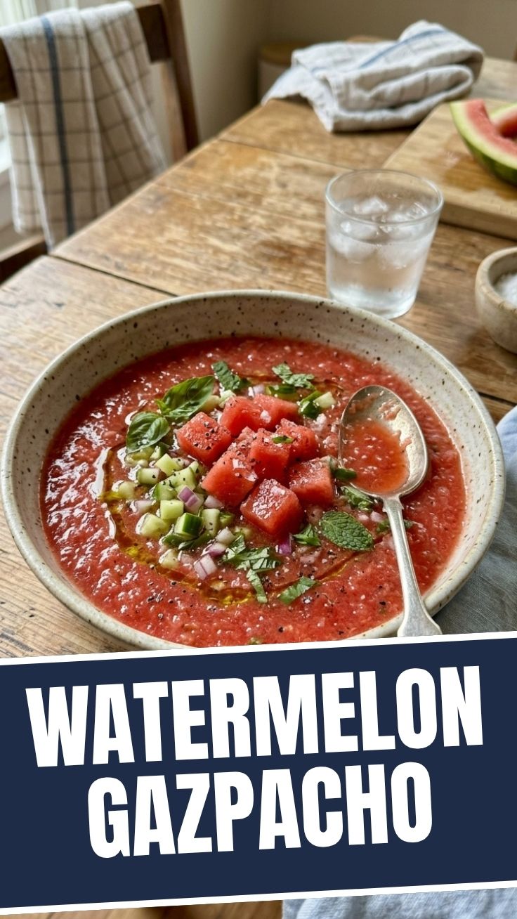 Watermelon gazpacho in a chilled bowl