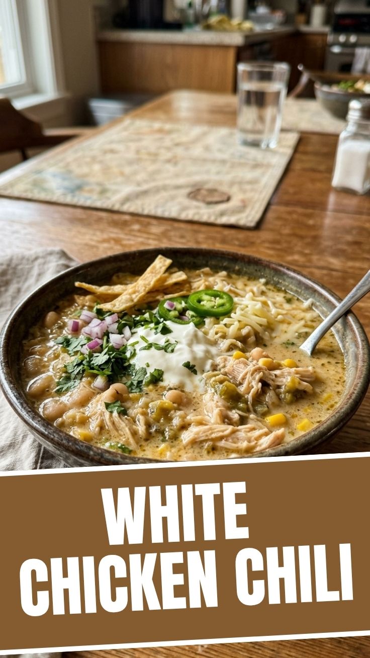 A bowl of savory white chicken chili topped with fresh cilantro