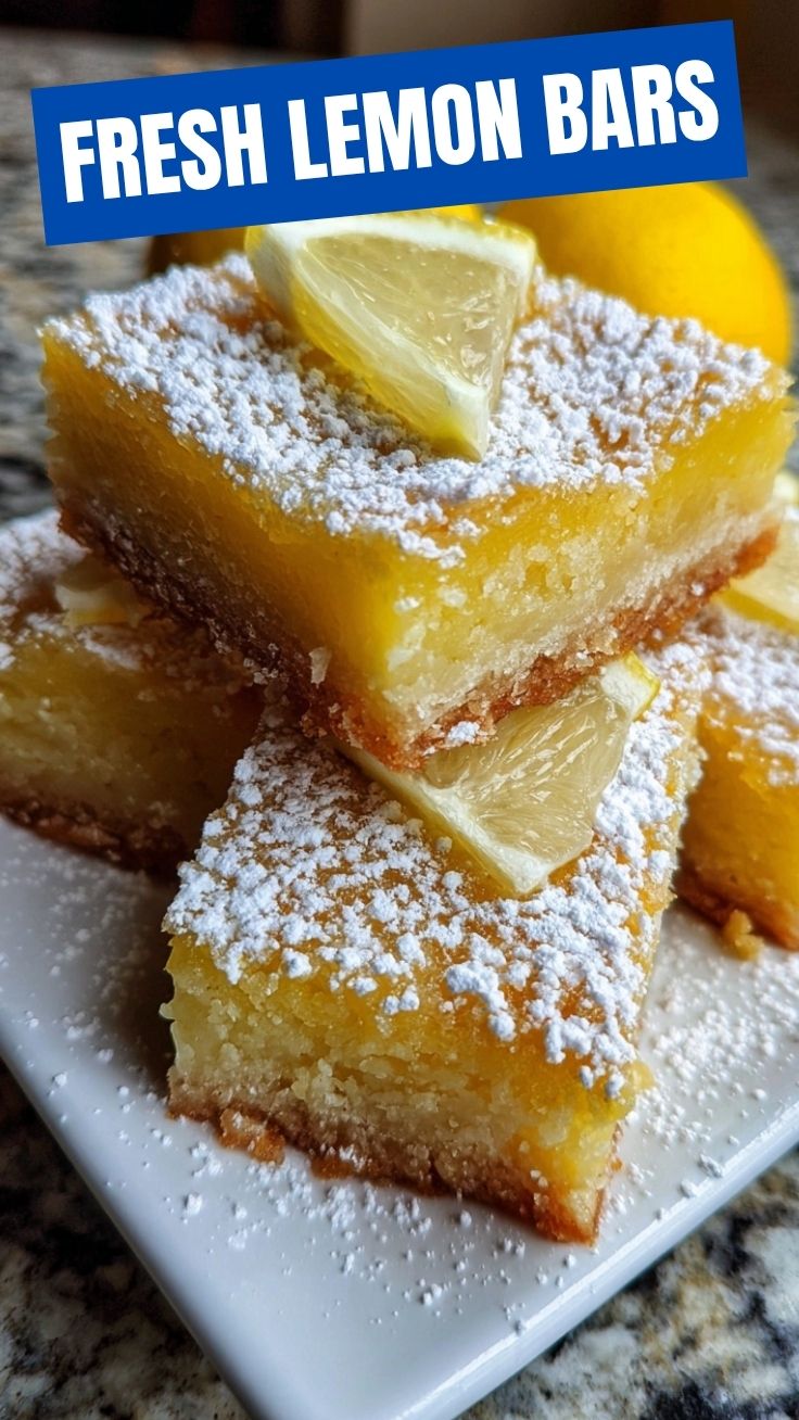Freshly baked lemon bars dusted with powdered sugar on a cooling rack
