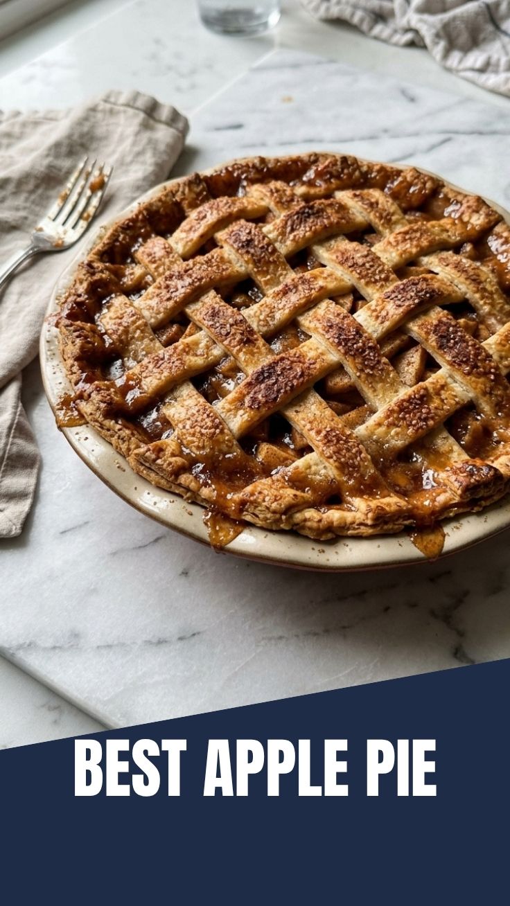A perfectly baked apple pie with a golden, flaky crust on a cooling rack.