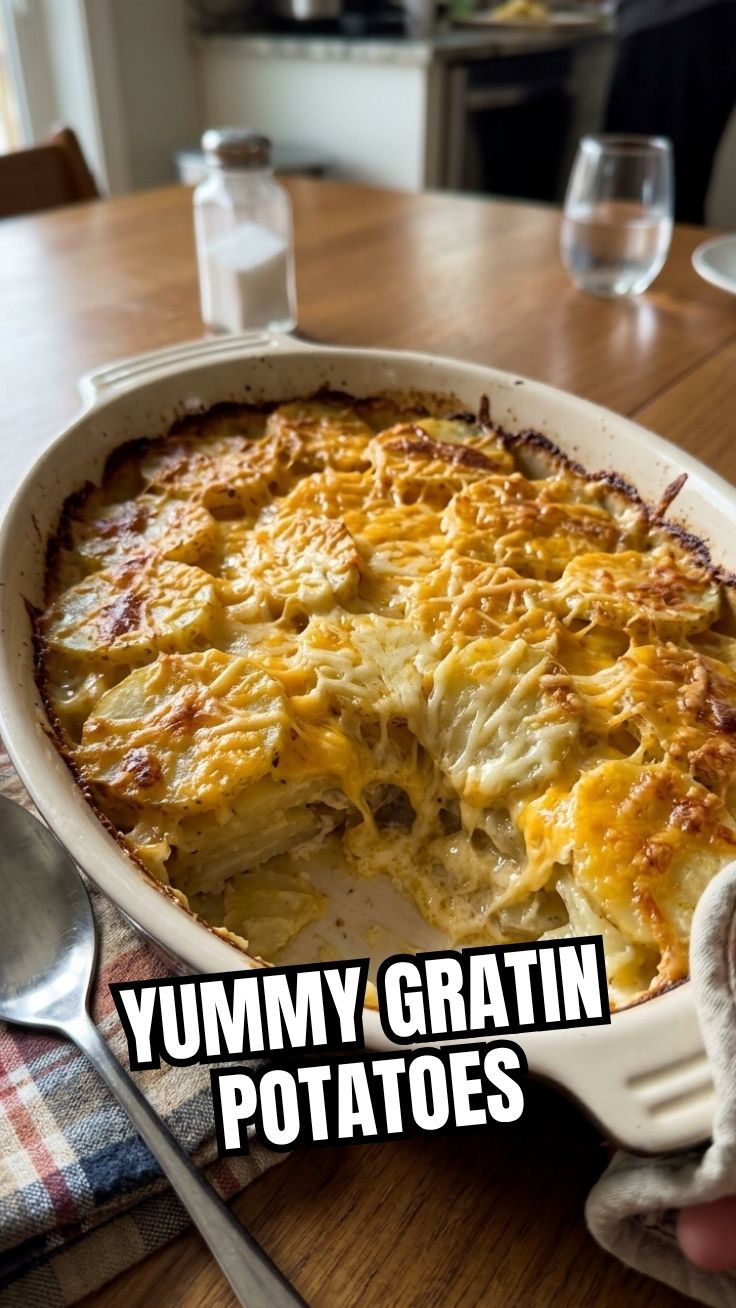 Delicious Au Gratin Potatoes, golden brown and bubbly from the oven