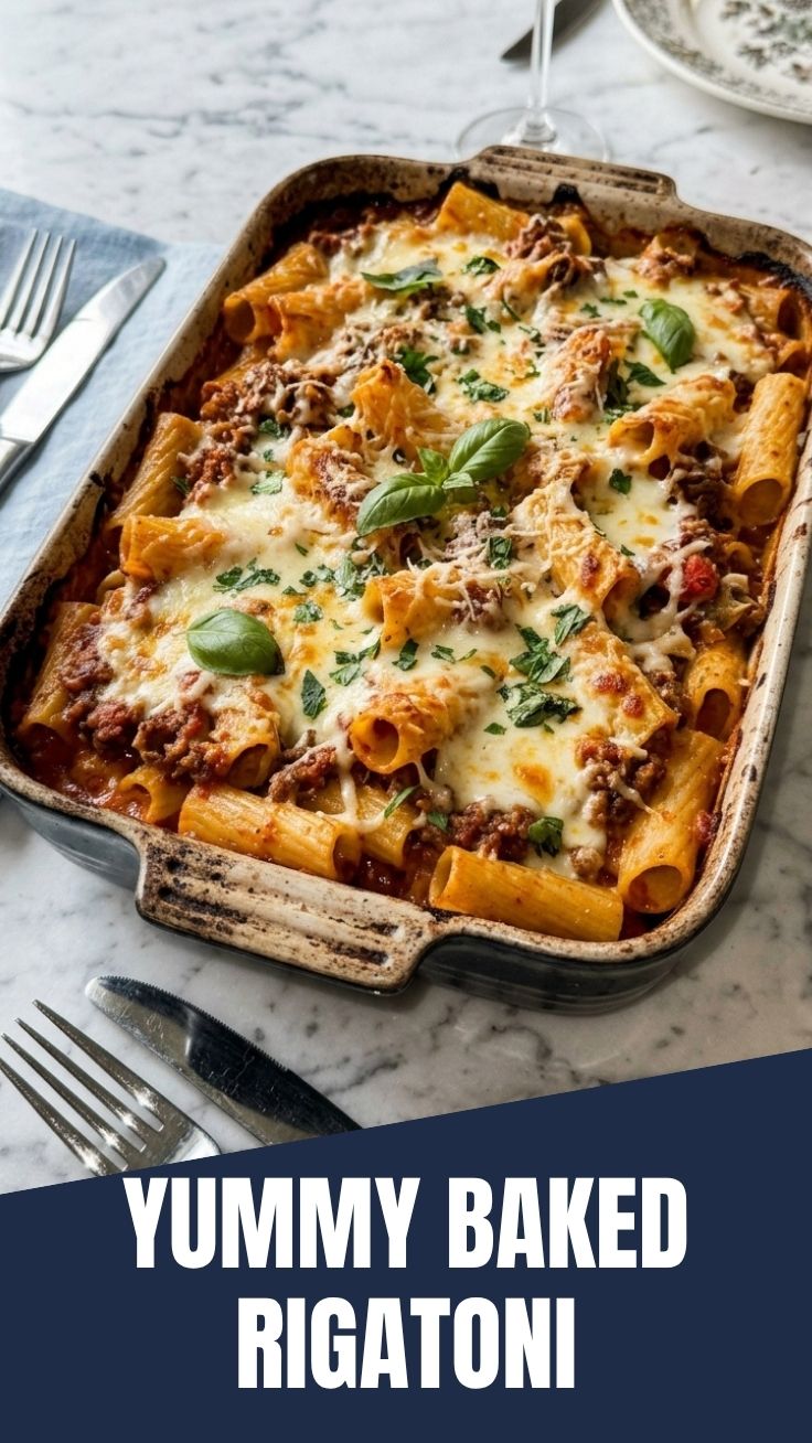Baked rigatoni with bubbling melted cheese on top