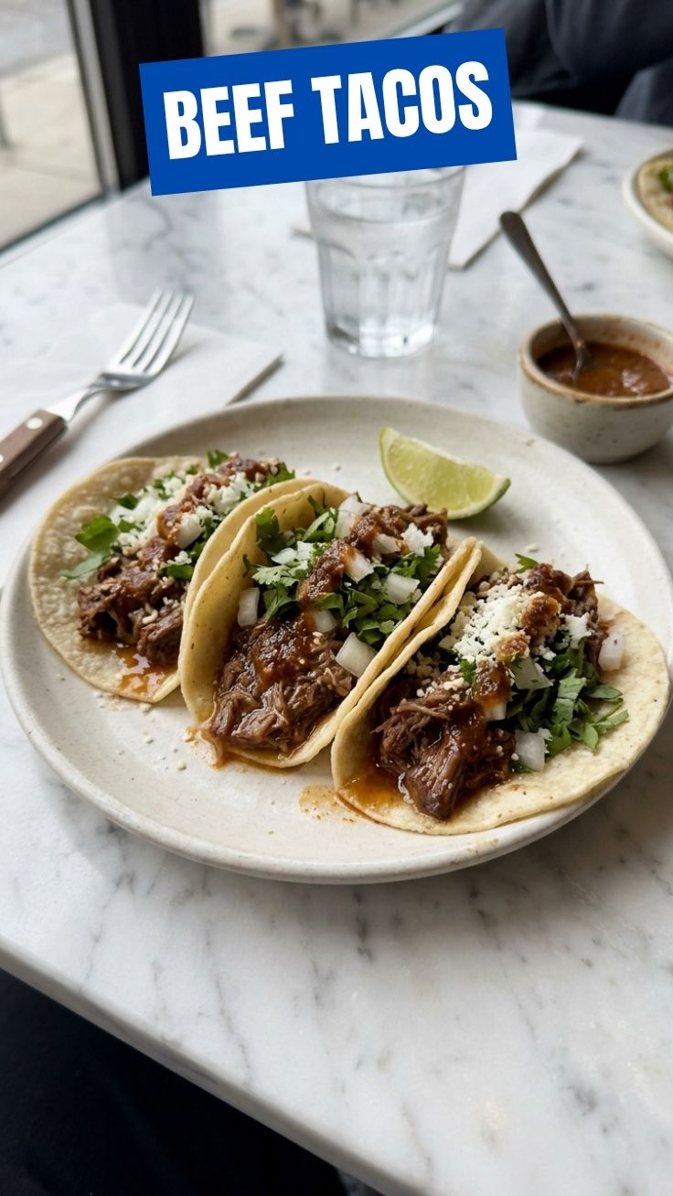 Golden brown seasoned Beef Tacos on a plate with fresh toppings