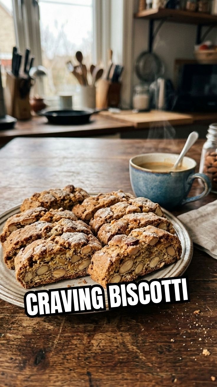 A close-up of crunchy Italian almond biscotti, perfectly baked.