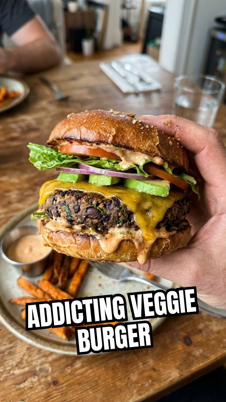 Golden brown black bean veggie burger patty on a wooden board with fresh toppings