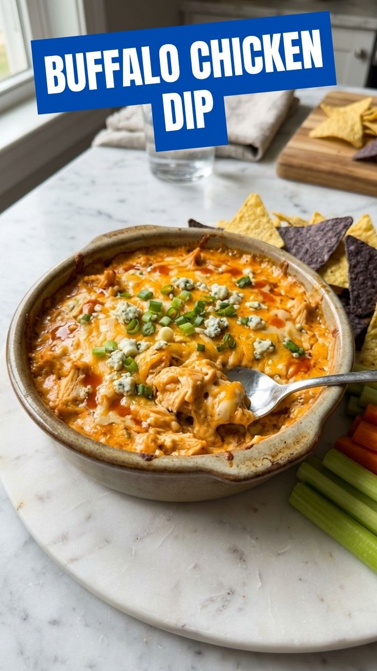Golden, bubbly Buffalo chicken dip in a baking dish with visible pools of melted cheese and a side of celery sticks