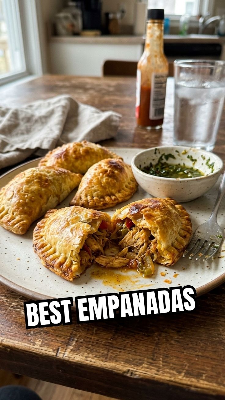 Golden brown chicken empanadas on a cooling rack