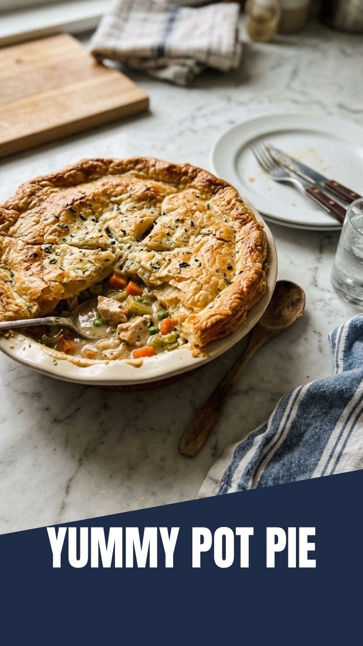 A golden-crusted chicken pot pie fresh from the oven, served in a rustic dish.