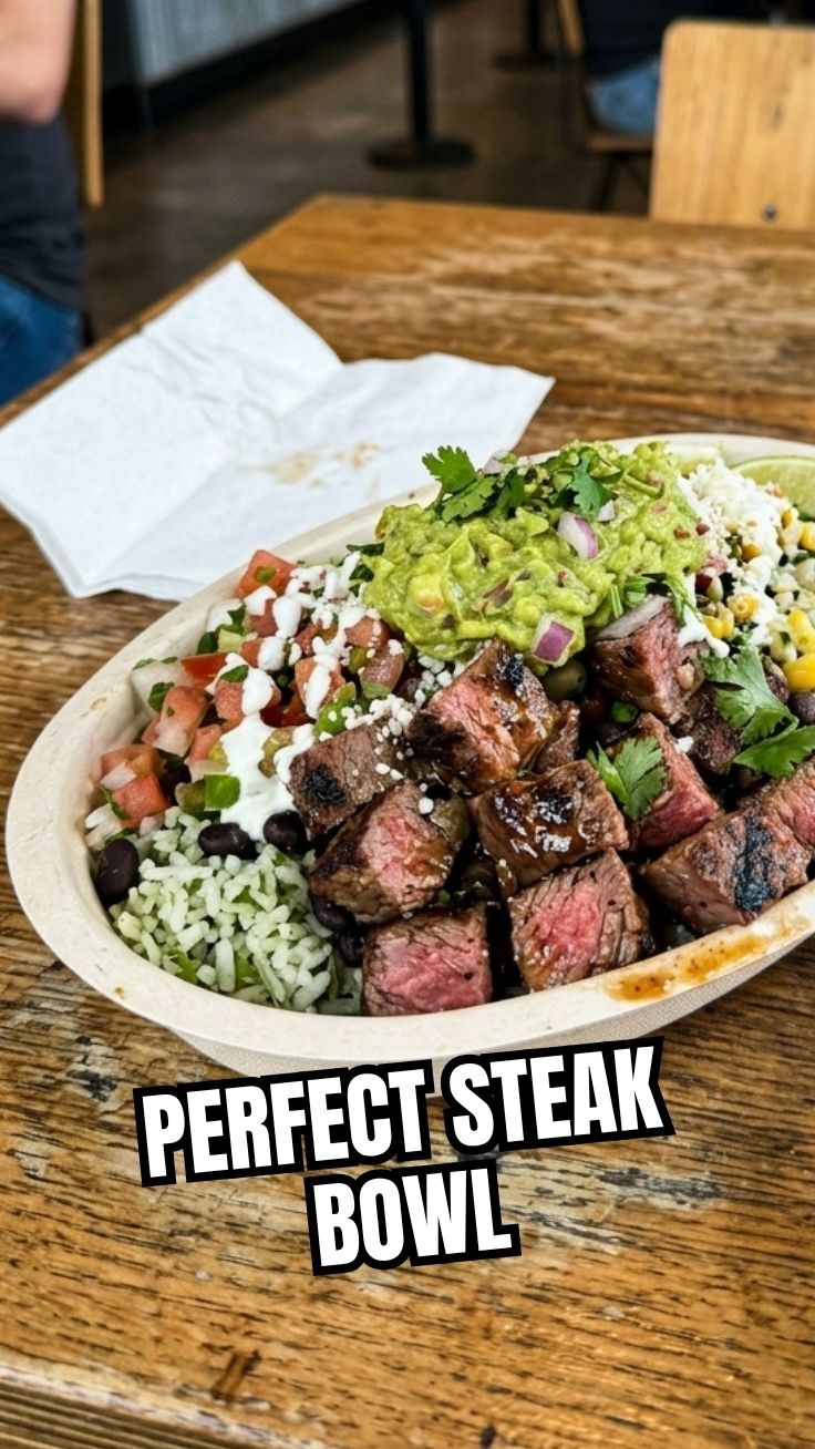 Homemade Chipotle-style steak bowl with rice, black beans, and guacamole