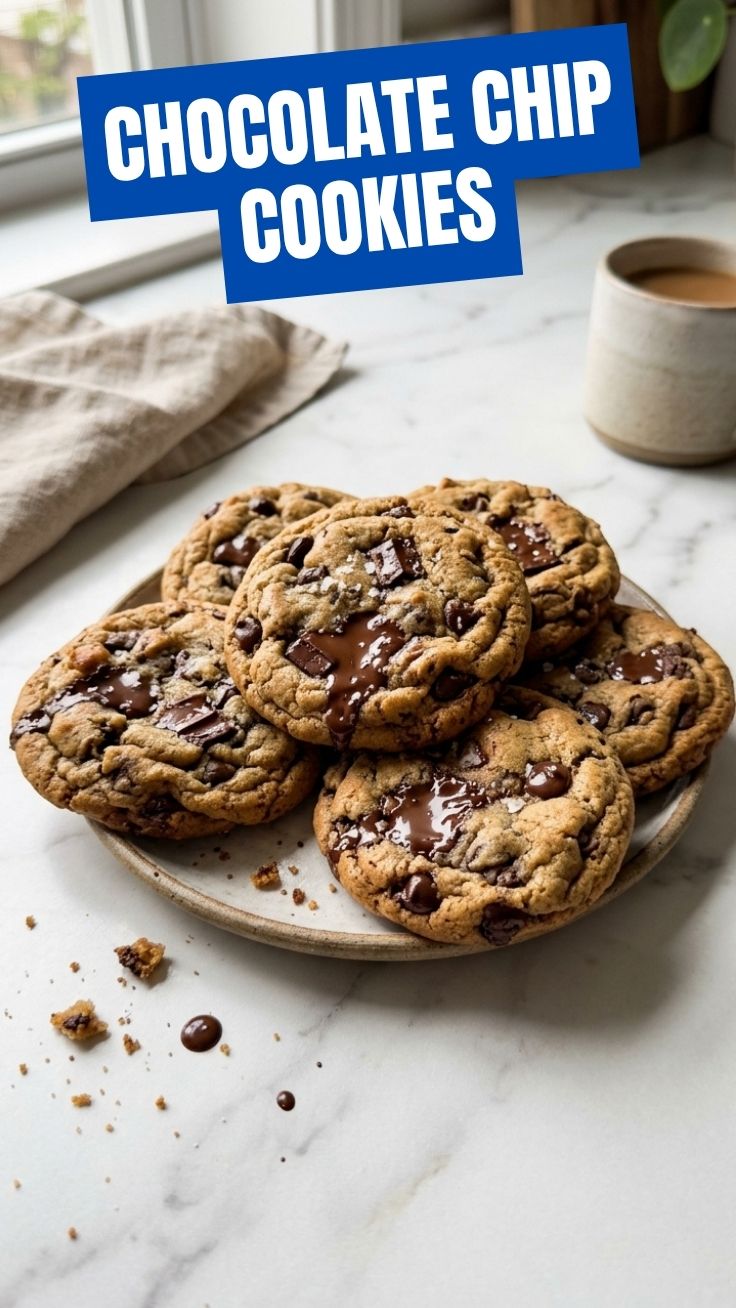Freshly baked chocolate chip cookies cooling on a wire rack
