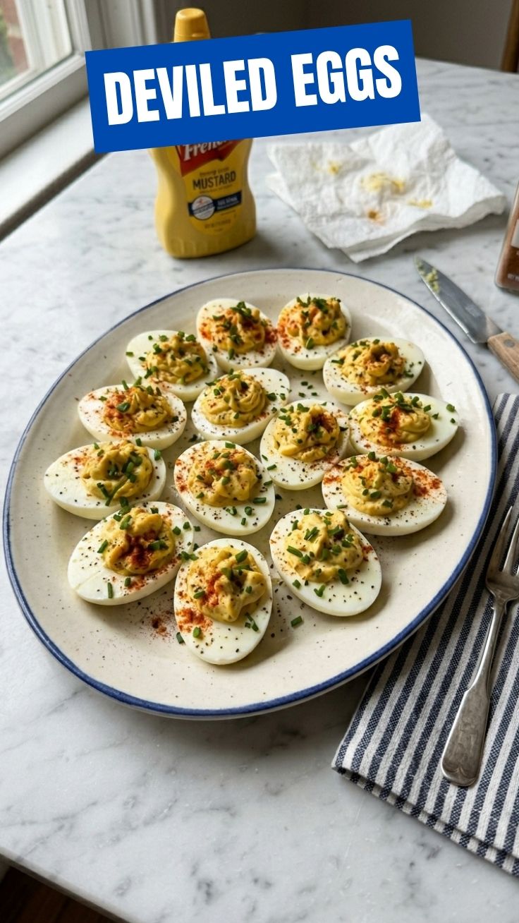 A platter of classic deviled eggs, neatly arranged and garnished.