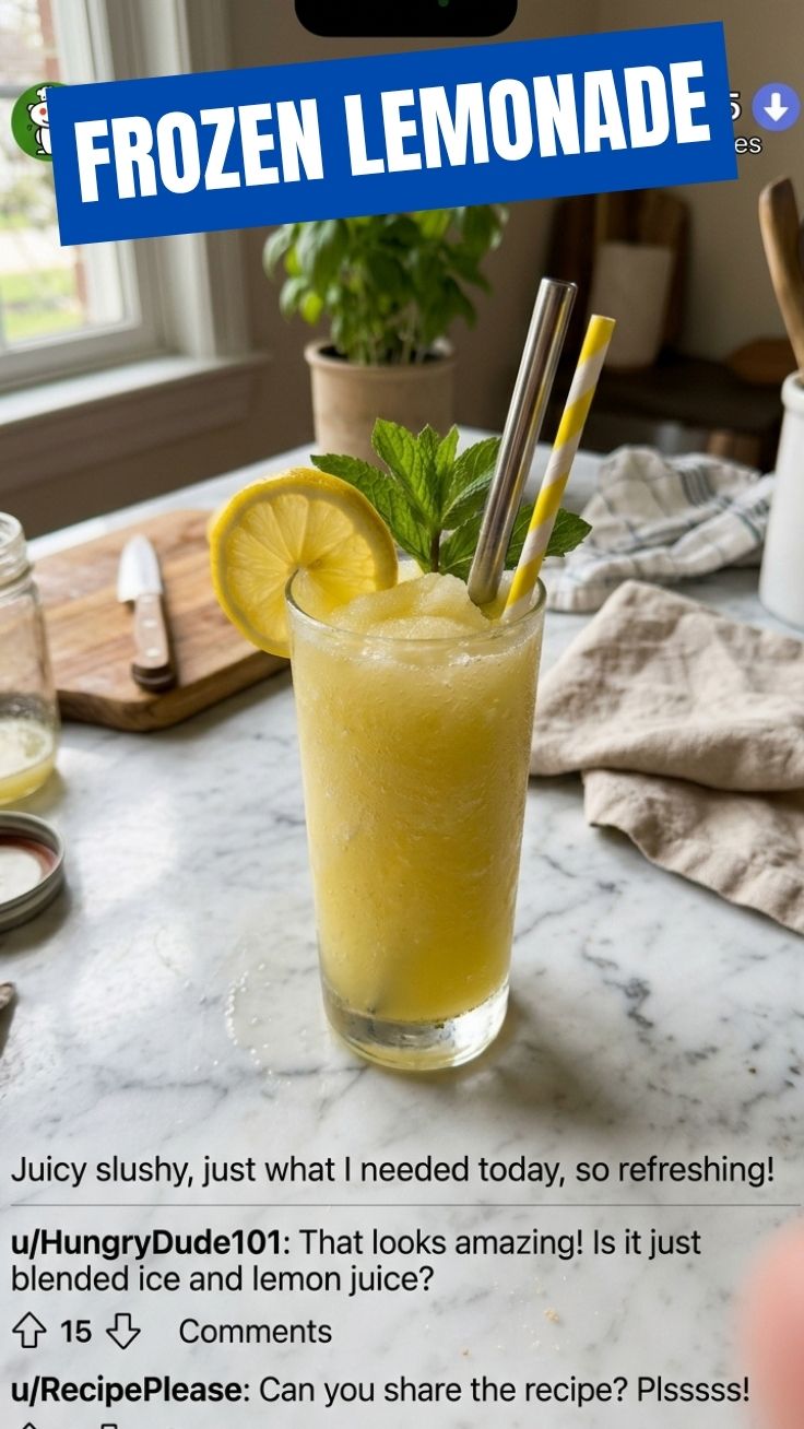 A tall glass of ice-cold frozen lemonade, perfect for summer.