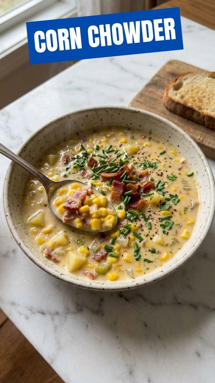 A steaming bowl of hearty corn chowder, ready to eat