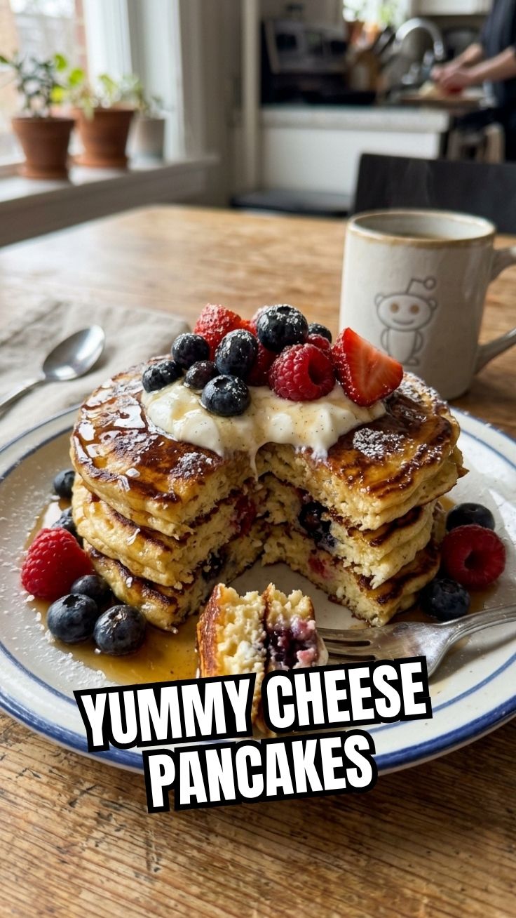 A stack of fluffy cottage cheese pancakes dusted with powdered sugar.
