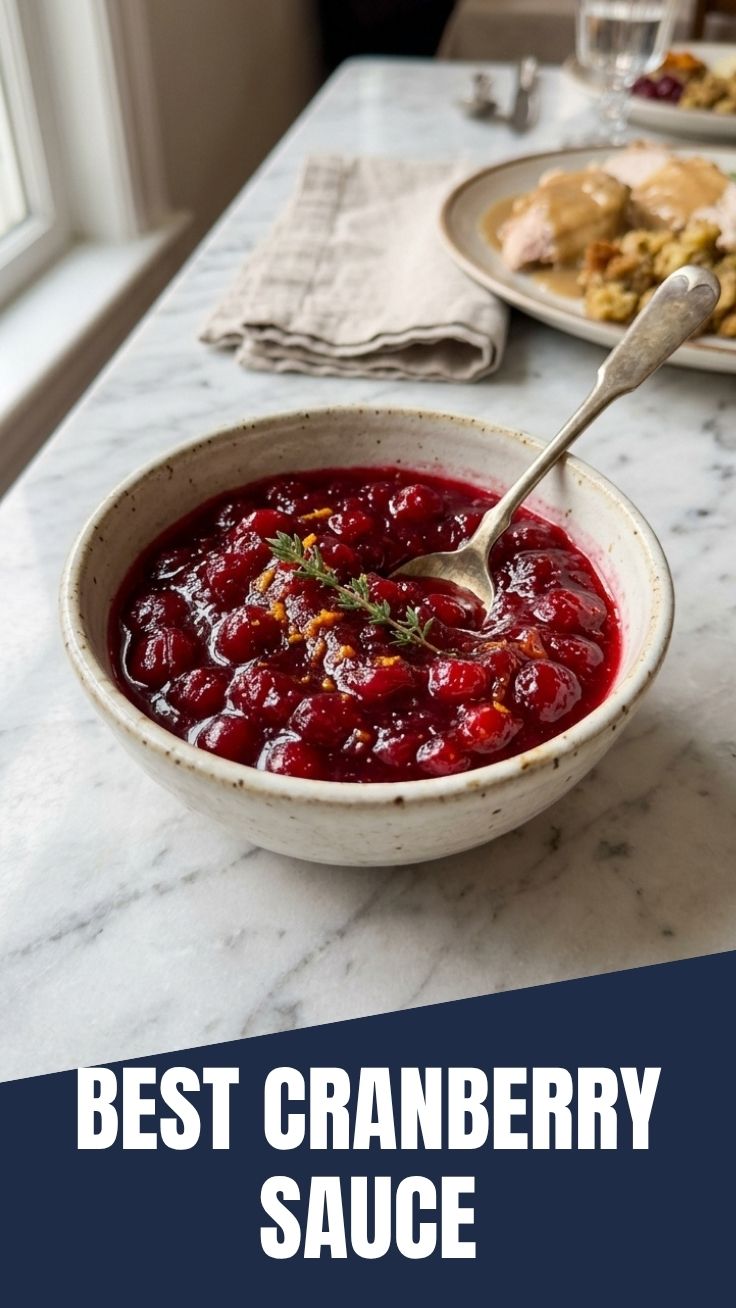 A bowl of homemade cranberry sauce, ready to serve