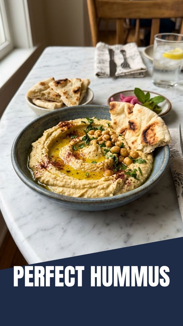 A serving of creamy hummus in a rustic bowl, garnished with olive oil and paprika.